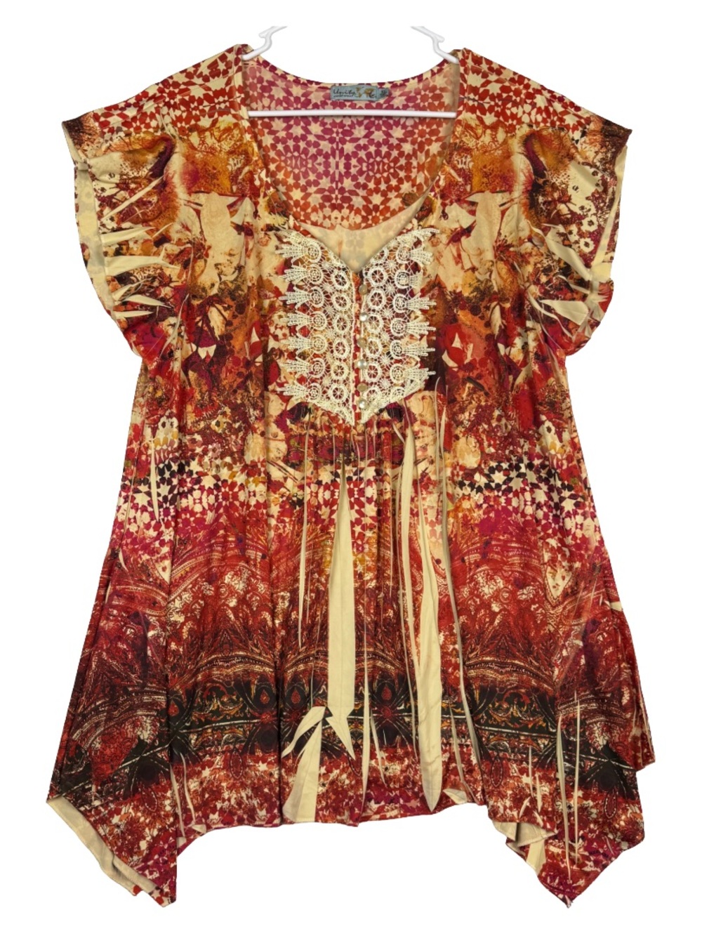 Unity World Wear Bohemian Tunic Top Womens XL Multicolor Lace Scoop Neck